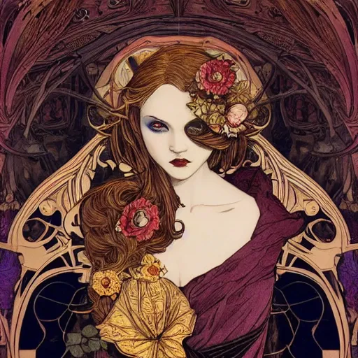 Image similar to girl, dark, epic, comic charector concept, comic, baroque art, Renaissance art, james jean, mucha art nouveau, extremely detailed and intricate, center composition, elegant, extremely contrast, extremely sharp lines, 8k