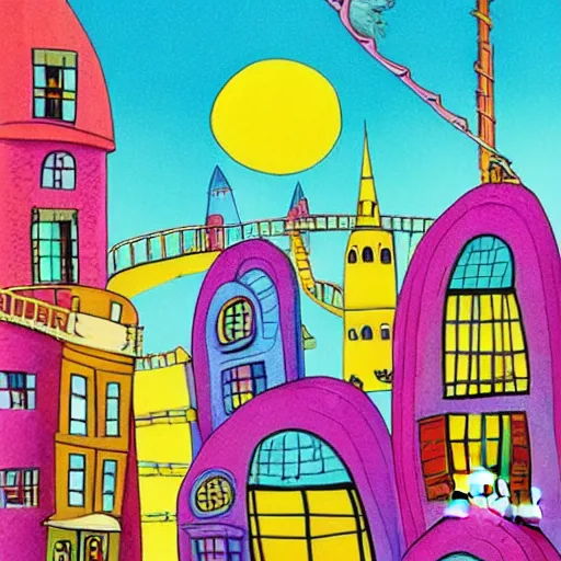 Image similar to fanciful city filled with curvy buildings, by dr seuss, oh the places you'll go, arches, platforms, towers, bridges, stairs, colorful kids book illustration