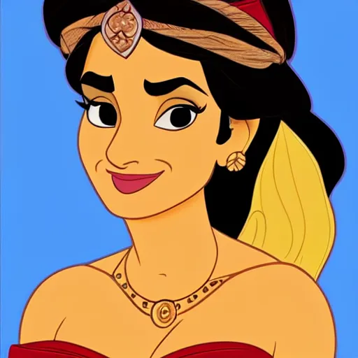 Prompt: salma hayek as princess jasmine from disney's aladdin, portrait, disney animation style