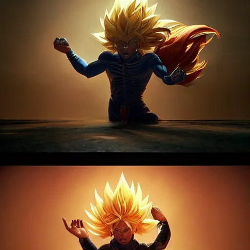 Image similar to salvador dali super saiyan, cinematic lighting, highly detailed, concept art, art by wlop and artgerm and greg rutkowski, masterpiece, trending on artstation, 8 k