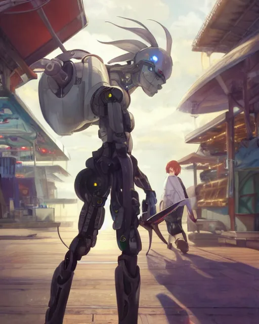 Image similar to a cyborg walking into a county fair. Anime. Soft lighting, 8K, octane render. By Makoto Shinkai, Stanley Artgerm Lau, WLOP, Rossdraws, James Jean, Andrei Riabovitchev, Marc Simonetti, krenz cushart, Sakimichan, D&D trending on ArtStation, digital art.