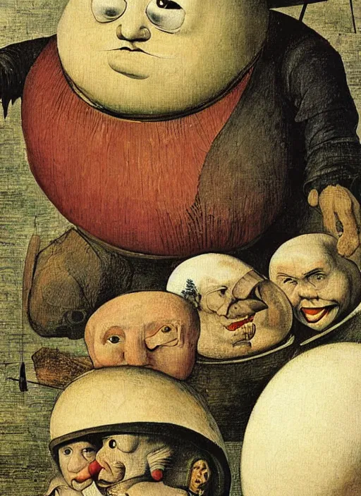 Image similar to an egg, round humpty dumpty with a jack black facial expression, realistic, by hieronymus bosch and pieter brueghel