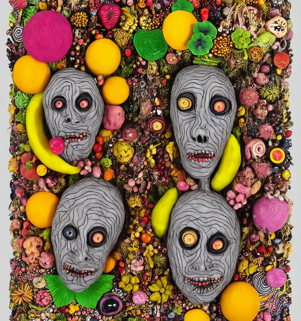 Prompt: portrait of a trickster nature spirit, undead, head made of fruits and jewels and flowers in the style of guiseppe arcimboldo, philip taaffe, chris ofili, pop art, action figure, clay sculpture, claymation, gray and yellow and pink, rainbow stripe background