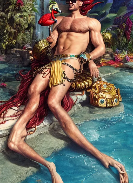 Prompt: muscular Atlantean king grinning and wearing cholo sunglasses and a heavy bejeweled gold crown reclining poolside with a beautiful flamingo, steelpunk, ghibli studio, nekro, Tom Bagshaw, Craig Mullins, octane 8k, by brian froud, Trending on ArtStation