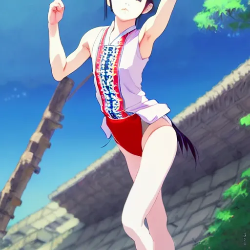 Image similar to a beautiful boyish japanese emma watson alluring instagram model, wearing elegant japanese hiphop leotard outfit with subtle mayan patterns and native fashion, aztec street fashion bathing suit, jrpg fashion, gapmoe yandere grimdark, trending on pixiv fanbox, painted by greg rutkowski makoto shinkai takashi takeuchi studio ghibli, akihiko yoshida