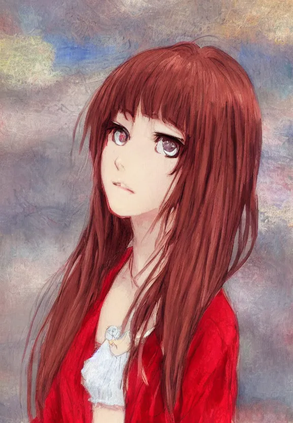 Image similar to close shot portrait of a teenage girl, a cute red outfit, tokyo anime scene, very anime in impressionist style, anime trending artwork, anime painter studio, by claude monet