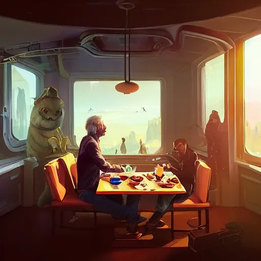 Image similar to harrison ford eating breakfast, colorful, contrast, 3 d scene, greg rutkowski, zabrocki, karlkka, jayison devadas, trending on artstation, 8 k, ultra wide angle, zenith view, pincushion lens effect