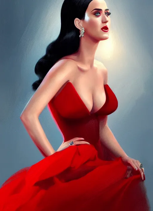 Image similar to portrait of katy perry in a red dress, intricate, elegant, highly detailed, digital painting, artstation, concept art, smooth, sharp focus, illustration, photorealistic art by wlop, mars ravelo and greg rutkowski