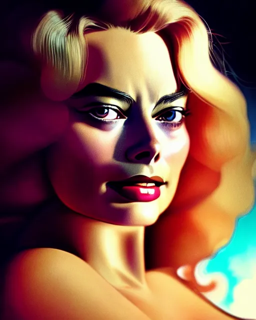 Image similar to low angle closeup beautiful very seductive margot robbie retro scifi goddess pinup, action glamour pose, windblown dark hair, hyper detailed, digital art, studio lighting, smooth, ambient lighting, sharp focus, frank miller, wlop, anna dittmann, moebius!, alphonse mucha, patrick nagle!!, rim lighting, synthwave
