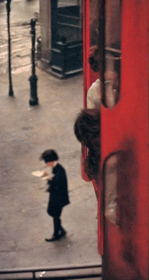 Prompt: portrait, blurry, street photography by saul leiter, red, pale