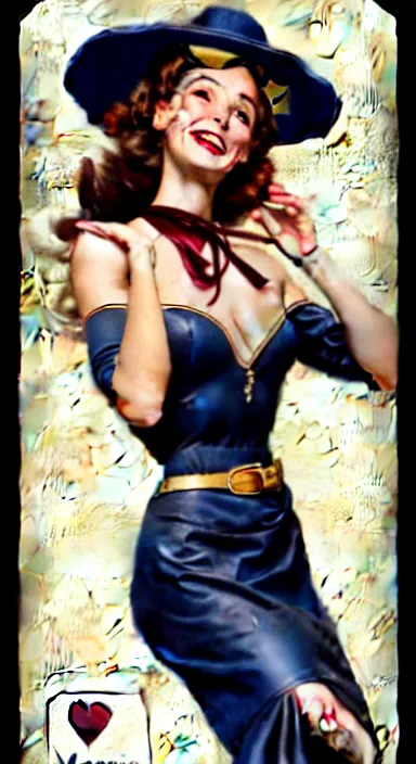 Image similar to a beautiful lady on a magic the gathering card by magali villeneuve and gil elvgren, crisp details, hyperrealism, smiling, happy, feminine facial features, stylish navy blue heels, gold chain belt, cream colored blouse, maroon hat, windblown, holding a leather purse, mtg card, mtg