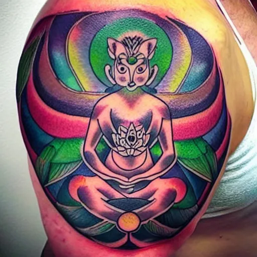 Image similar to shoulder tattoo of a multicolored meditating cute bush baby, eyes are sparkeling rainbow spirals, glowing chakra symbols, surrounded with colorful lotus leaves, insanely integrate