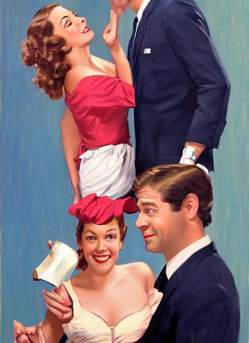 Image similar to portrait painting of jim halpert and pam beesly, happy couple, in the style of gil elvgren