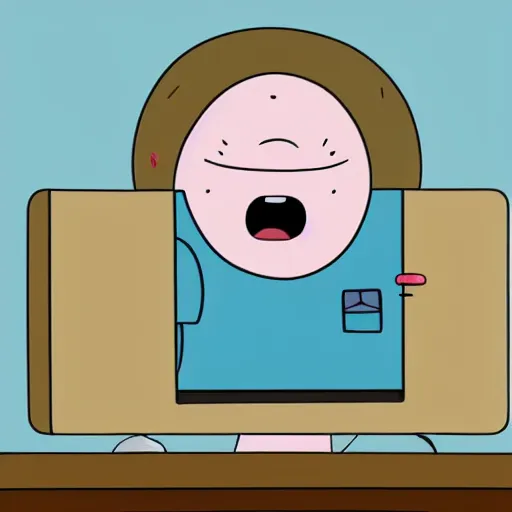 Image similar to a very animated tired person with bloodshot eyes and tongue out staring at the computer with growing desperation, adventure time animation style