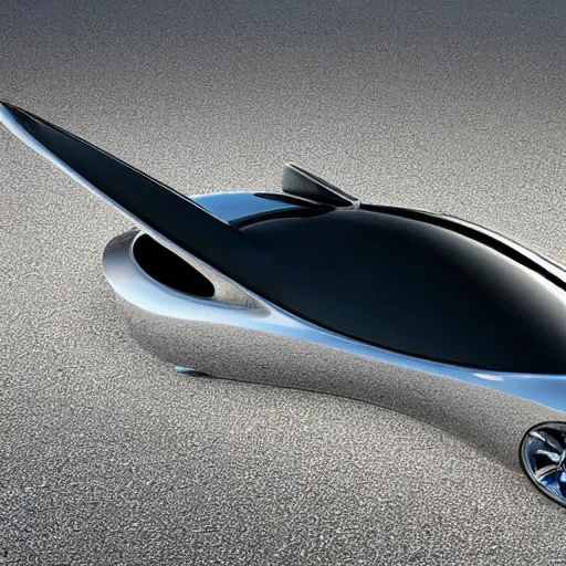 Prompt: a new car design that has a undercarriage swoops like a dolphin's belly. this reduces drag, or the force of air flowing against the motion of the vehicle. is curved at the nose, wide along the sides and tapered toward the trunk like a small, speedy aircraft. - n 9