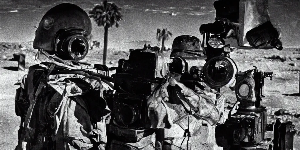 Image similar to portrait of irradiated post apocalyptic nuclear wasteland 1950s future las vegas strip black and white award winning photo highly detailed Arriflex 35 II, lighting by stanley kubrick