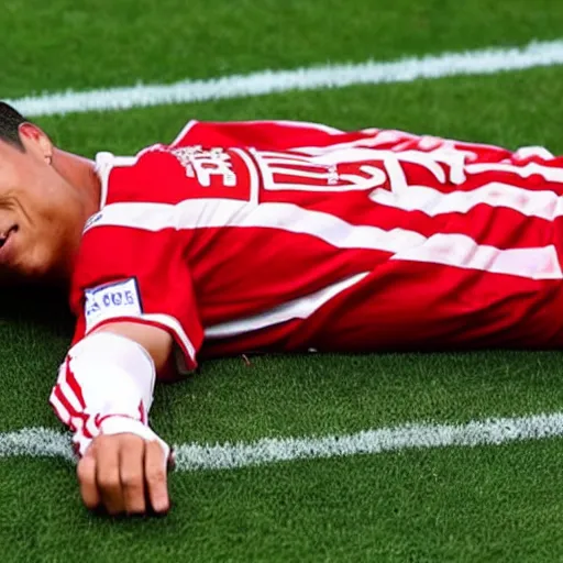 Prompt: Christiano Ronaldo sleeping in FC Bayern bed