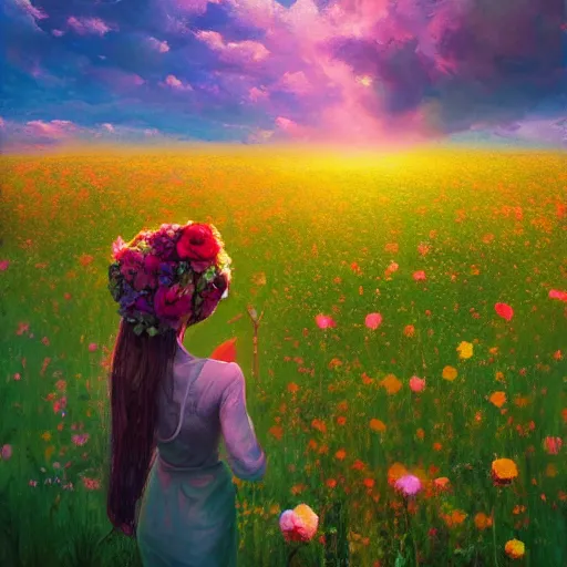 Image similar to girl with a flower head, surreal photography, dream, standing in flower field, magical, in a valley, sunrise dramatic light, impressionist painting, colorful clouds, artstation, simon stalenhag