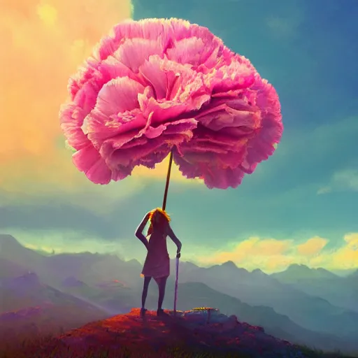 Image similar to giant carnation flower as a head, girl hiking in the mountains, surreal photography, sunrise, dramatic light, impressionist painting, colorful clouds, digital painting, artstation, simon stalenhag