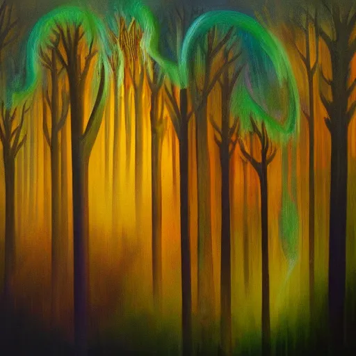 Prompt: painting a jester made of energy and light in a dense foggy forest by Alex Grey, acrylic art, ethereal, soothing, somber, elegant, warm light, cozy, glows,