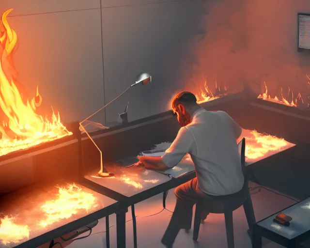 Image similar to a man works at a workstation in a very hot office with burning fires, local close up, featured in artstation, octane render, intricate, ultra detailed, fantasy, concept art, sharp focus, illustration, 8 k