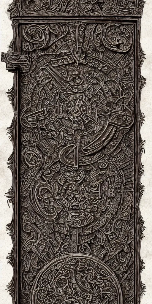 Image similar to A highly detailed and intricate image of an ancient, dusty grimoire, leather bound, carved lettering, three color scheme, 3d render, 4k, dark arts,
