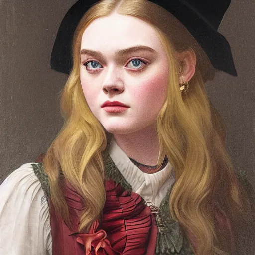 Prompt: a vintage portrait painting of elle fanning as an old western outlaw, highly detailed, art by tristan eaton and artgerm and william - adolphe bouguereau