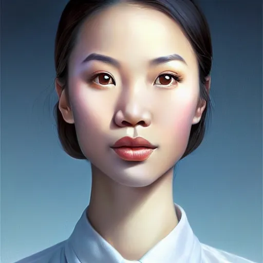 Prompt: beautiful portrait of an enthusiastic, dainty, slim, delighted vietnamese, ( waitress ) girl, stunning, intelligent, fashionable, vivid!!, sharp, crisp, ultra ambient occlusion, reflective, universal shadowing, fantasy art, extremely even lighting, art by wlop, vladimir kush!!, ilya, yasar vurdem