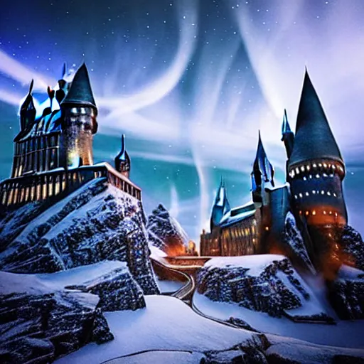 Image similar to “Hogwarts School of Witchcraft and Wizardry with the norther lights in the background. 4k, 8k, unreal 5, very detailed, hyper control-realism,.”