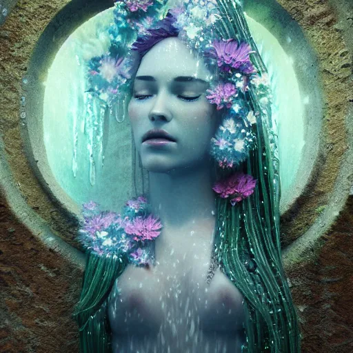 Image similar to ultra realistic 3 d render of a goddess made of water and flowers rising out of the water dripping by charlie bowater and farid ghanbari, beautiful, bioluminescent, ethereal, mist, waterfall