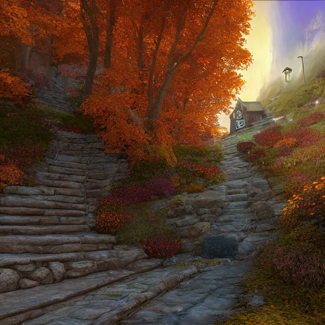 Prompt: steep portsmouth new hampshire fantasy street with a golden waterfall built on a hill, chimneys on buildings, large fall mountain, pumpkin people, fall foliage, over the garden wall, thomas kinkade, light cinematic, otherworldly, volumetric, realistic, cinematic lighting, ray tracing, unreal engine 5, unreal engine render, octane render, hyper realistic, photo, 8 k