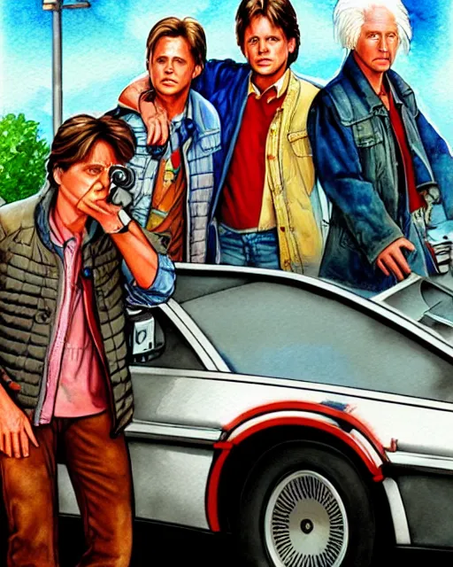 Prompt: photorealistic watercolor for a new poster for back to the future, in the style of steve hanks