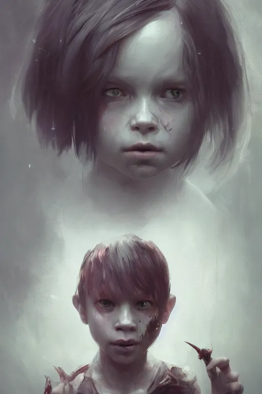 Prompt: a fancy portrait of a scary child by Greg Rutkowski, Sung Choi, Mitchell Mohrhauser, Maciej Kuciara, Johnson Ting, Maxim Verehin, Peter Konig, final fantasy , mythical, 8k photorealistic, cinematic lighting, HD, high details, atmospheric,