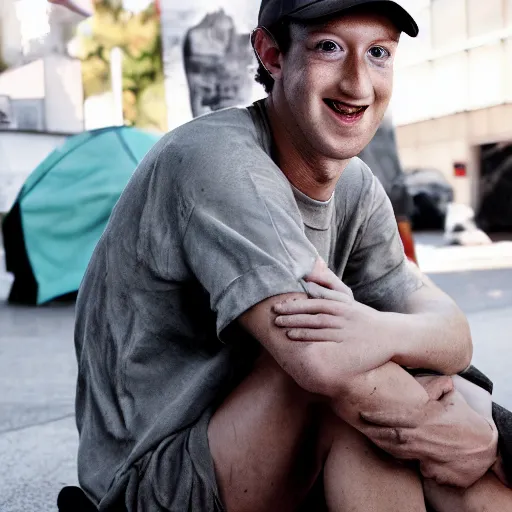 Image similar to mark zuckerberg as a dirty decrepit homeless man begging for money, 4 k ultra high detailed