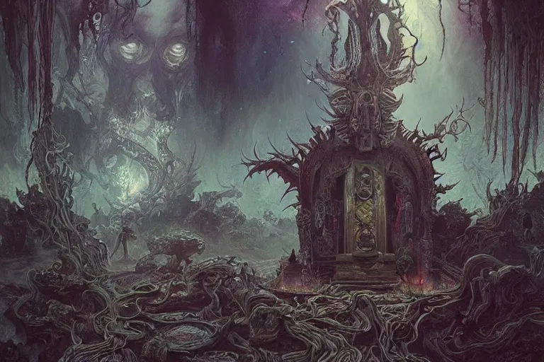 Image similar to a lovecraftian painting of a demonic shrine, occult, cult members, cosmic horror elements, ultra realistic, concept art, intricate details, eerie, highly detailed, photorealistic, octane render, 8 k, unreal engine. art by artgerm and greg rutkowski and alphonse mucha