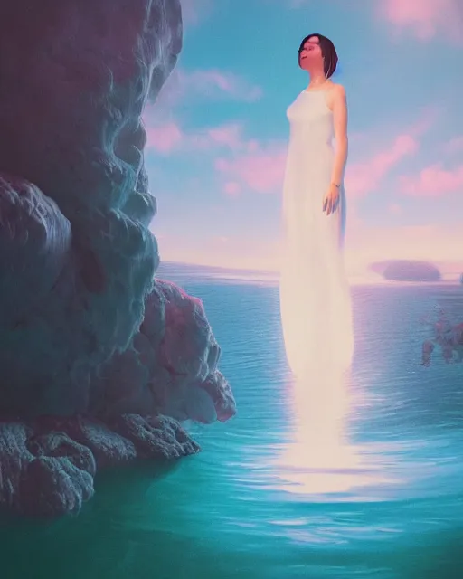 Image similar to a woman in a white dress standing in the water, an album cover by stanley twardowicz, trending on cg society, retrofuturism, retrowave, chillwave, synthwave