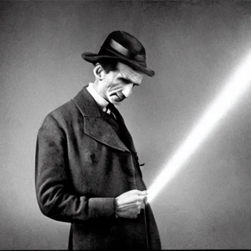 Image similar to UHD candid color photo of Nikola Tesla shooting a laser at Hitler, accurate faces, UHD, photorealistic, correct face, photo by Annie Leibowitz