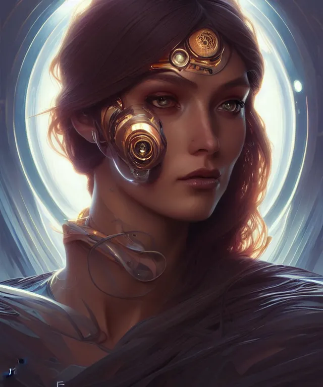 Image similar to futuristic woman portrait, sci-fi, amber eyes, face, long hair, fantasy, intricate, elegant, highly detailed, digital painting, artstation, concept art, smooth, sharp focus, illustration, art by artgerm and greg rutkowski and alphonse mucha