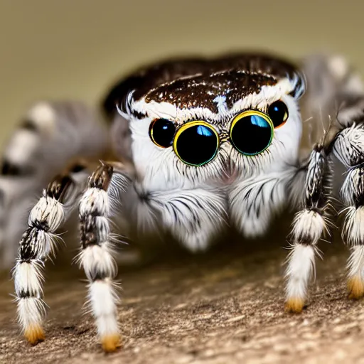 Image similar to jumping spider mixed with owl with 4 eyes, cute creature, hybrid, anamorphic lens, bokeh, kodak color film stock, macro shot