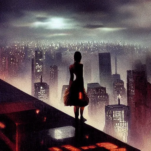 Prompt: “ girl standing on a roof looking down at a foggy futuristic new york city below, blade runner, cyberpunk, storm clouds, very detailed, by frank frazetta ”