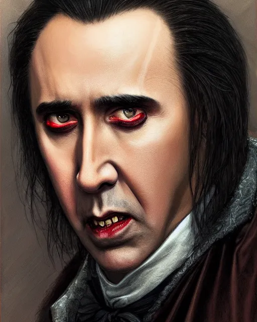 Image similar to nicolas cage as dracula, highly detailed, centered, artstation, concept art, smooth, sharp focus, illustration, bokeh art by artgerm and donato giancola and joseph christian leyendecker