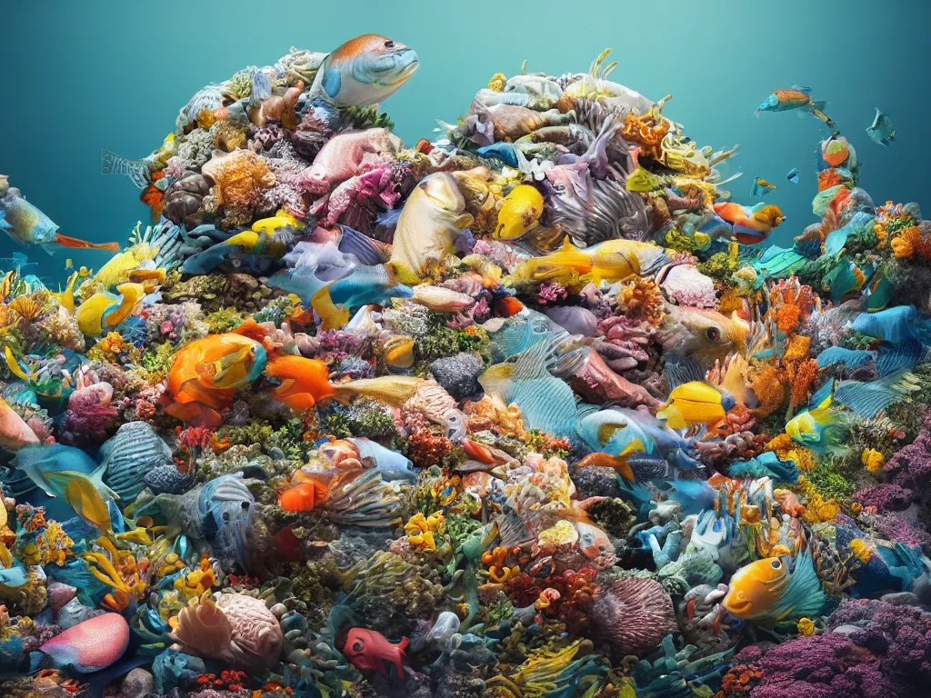 Image similar to a sculpture of fish ocean intertwined, a lovely cornucopia of flowers and human body parts, body parts, highly detailed, octane render, cinematic, shock, sharp focus, an independent sharp, clean, studio lighting