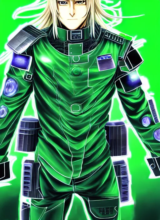 Prompt: a detailed manga full body portrait illustration of a man with long blonde hair and blue eyes wearing a green cyberpunk sci - fi battle suit by hirohiko araki, detailed artwork, realism, 4 k resolution, detailed, high quality, sharp focus, hq artwork, insane detail, volumetric lighting, character concept art, fine details, clear subject, central subject