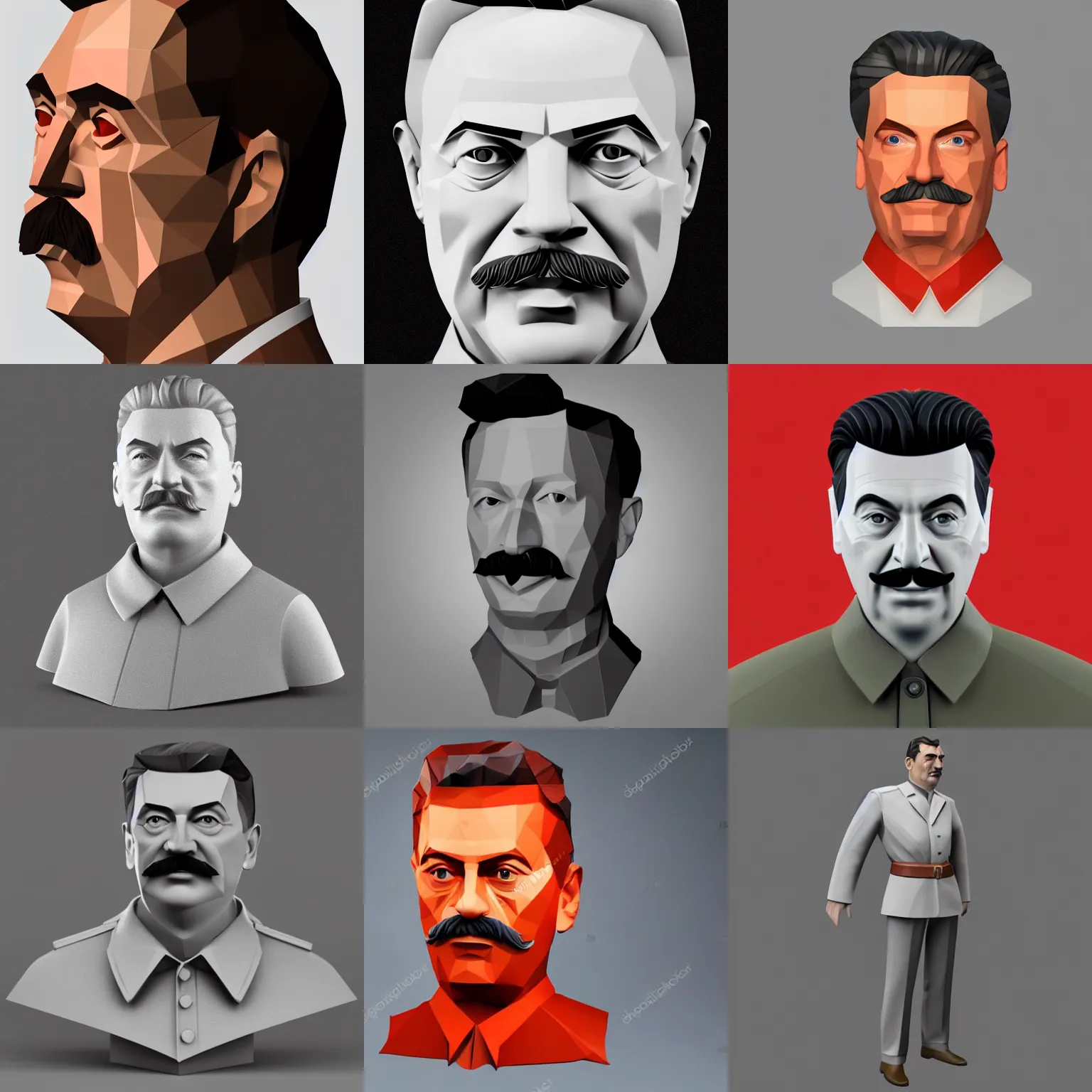 Prompt: low polygon figurne of joseph stalin, front view, studio lighting. full body portrait. white background. 3 d render