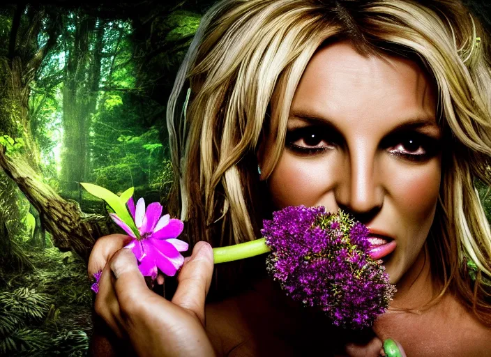 Prompt: super macro of britney spears drinking from a flower in the forest. fantasy horror cyberpunk style. highly detailed 8 k. intricate. nikon d 8 5 0 3 0 0 mm. award winning photography.