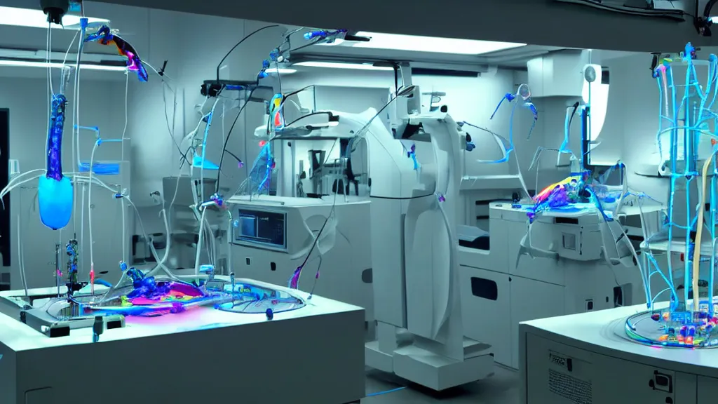 Image similar to a complex bifurcated surgical arm hybrid mri 3 d printer machine making colorful mutant forms with control panels in the laboratory inspection room, film still from the movie directed by denis villeneuve with art direction by salvador dali, wide lens