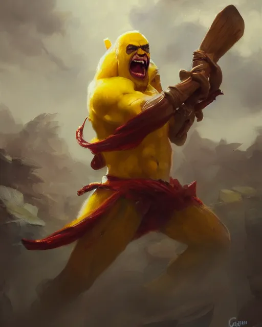 Image similar to oil painting of an anthropomorphized angry banana, sharp focus, holding axes, heroic pose, fantasy style, octane render, volumetric lighting, 8k high definition, by greg rutkowski, highly detailed, trending on art Station, magic the gathering artwork, Battlefield backround, centered