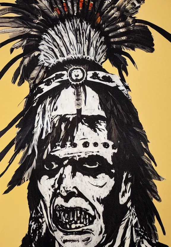 Prompt: close up portrait of zombie Pope Francis wearing a Native American Indian Feathered Headdress War Bonnet, dead redemption, by Kara Walker