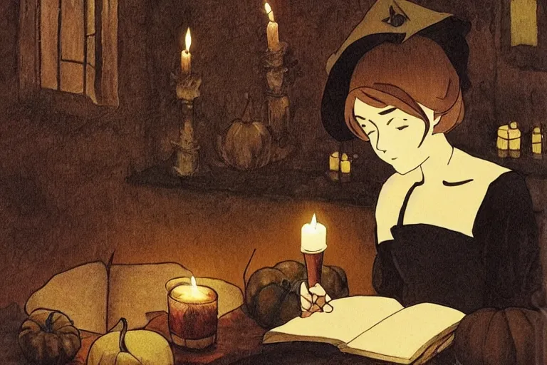 Image similar to a young witch writing in her spellbook halloween, over the shoulder angle, studio ghibli, warm, earthy tones, lit by candlelight, mucha