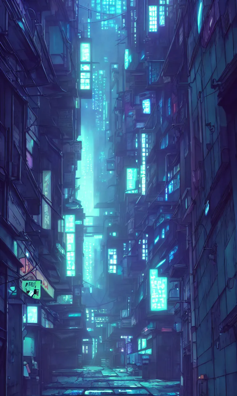 Image similar to city alleyway in the atmospheric cyberpunk anime film, gouache matte background painting, neon noir, at night with lights, by makoto shinkai, in the anime series ergo proxy, beautiful specular edge highlights and rim lighting